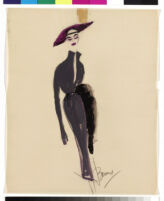 Cashin's hand-painted illustrations of ensembles featuring mauve / plum Forstmann wool. f08-01