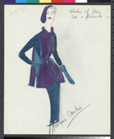Cashin's hand-painted illustrations of ensembles featuring mauve / plum Forstmann wool. f08-04