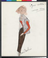 Cashin's hand-painted illustrations of ensembles featuring mauve / plum Forstmann wool. f08-03