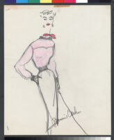 Cashin's hand-painted illustrations of ensembles featuring pink Forstmann wool. f10-01