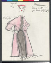 Cashin's hand-painted illustrations of ensembles featuring pink Forstmann wool. f10-03