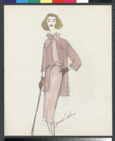 Cashin's hand-painted illustrations of ensembles featuring pink Forstmann wool. f10-02