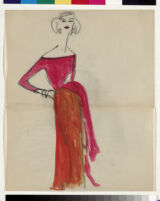 Cashin's hand-painted illustrations of ensembles featuring red Forstmann wool. f11-05