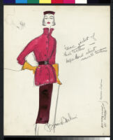Cashin's hand-painted illustrations of ensembles featuring red Forstmann wool. f11-09