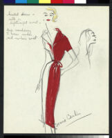 Cashin's hand-painted illustrations of ensembles featuring red Forstmann wool. f11-10