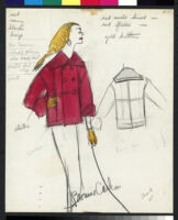 Cashin's hand-painted illustrations of ensembles featuring red Forstmann wool. f11-11