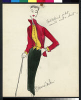 Cashin's hand-painted illustrations of ensembles featuring red Forstmann wool. f11-12