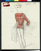Cashin's hand-painted illustrations of ensembles featuring red Forstmann wool. f11-13