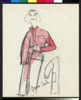 Cashin's hand-painted illustrations of ensembles featuring red Forstmann wool. f11-14