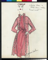 Cashin's hand-painted illustrations of ensembles featuring red Forstmann wool. f11-15
