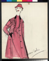 Cashin's hand-painted illustrations of ensembles featuring red Forstmann wool. f11-02