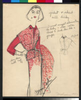 Cashin's hand-painted illustrations of ensembles featuring red Forstmann wool. f11-20