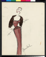 Cashin's hand-painted illustrations of ensembles featuring brown Forstmann wool. f12-02