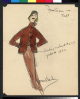 Cashin's hand-painted illustrations of ensembles featuring brown Forstmann wool. f12-04