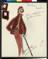Cashin's hand-painted illustrations of ensembles featuring brown Forstmann wool. f12-05