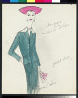 Cashin's illustrations of ensembles featuring turquoise Forstmann wool. f13-12