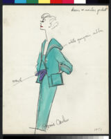 Cashin's illustrations of ensembles featuring turquoise Forstmann wool. f13-07