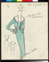 Cashin's illustrations of ensembles featuring turquoise Forstmann wool. f13-06