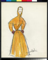 Cashin's hand-painted illustrations of ensembles featuring yellow Forstmann wool. f14-01