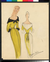 Cashin's hand-painted illustrations of ensembles featuring yellow Forstmann wool. f14-02