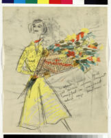 Cashin's hand-painted illustrations of ensembles featuring yellow Forstmann wool. f14-05