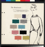 Cashin's illustrations of sweater designs for Forstmann wool, mounted on board with swatches. b075_f01-01