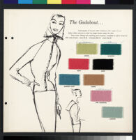Cashin's illustrations of sweater designs for Forstmann wool, mounted on board with swatches. b075_f01-12