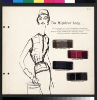 Cashin's illustrations of sweater designs for Forstmann wool, mounted on board with swatches. b075_f01-13