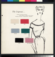 Cashin's illustrations of sweater designs for Forstmann wool, mounted on board with swatches. b075_f01-14