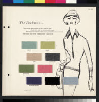 Cashin's illustrations of sweater designs for Forstmann wool, mounted on board with swatches. b075_f01-02