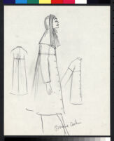 Cashin's pencil illustrations of rainwear designs, including hats. b077_f08-06
