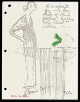 Copies of Cashin's loungewear design illustrations for Evelyn Pearson, with swatches. b033_f03-12