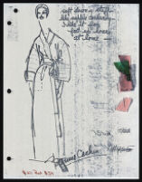Copies of Cashin's loungewear design illustrations for Evelyn Pearson, with swatches. b033_f04-20