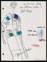 Copies of Cashin's loungewear design illustrations for Evelyn Pearson, with swatches. b033_f04-28