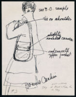 Notes, sketches, and brochure with line list of Cashin's handbag designs. b180_f07-08