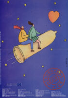European Community poster of a couple riding a condom as a rocket through space toward a red heart [descriptive]