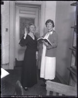 Judge May D. Lahey administering the oath of office to judge Ida May Adams Adam's, Los Angeles, 1931