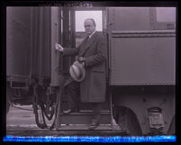 Hiram S. Brown, RKO president, stepping off the train, Los Angeles, 1929