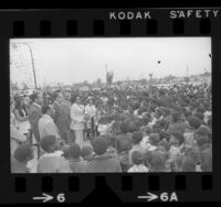 Coretta Scott King speaking to crowd at dedication of Martin Luther King, Jr. Hospital Watts-Willowbrook, Calif., 1972