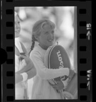 9-year-old Tracy Austin holding her tennis rackets at Los Angeles Junior Tennis Tournament, 1972
