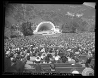 View from audience towards stage during Catholic pray for peace event at Hollywood Bowl in Los Angeles, Calif., 1948