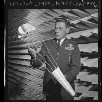 Lt. General Kenneth W. Schultz with airspace model in anechoic chamber at Air Force Systems Command in El Segundo, Calif., 1973