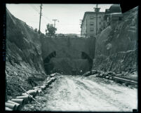 Second Street tunnel construction site prior to boring of the tunnel, Los Angeles, 1921