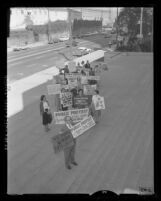 Group of San Fernando Valley citizens picketing against grocery clerks strike in San Fernando, Calif., 1959