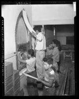 Emmanuel Methodist Church, (aka Little Church of the Eastside) being rebuilt by teenagers, Los Angeles, 1954