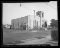 Exterior view of facade and and side of the First Baptist Church of Inglewood, circa 1924