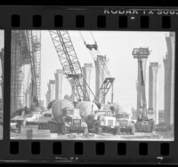 California Century Freeway construction, cement trucks and columns, Los Angeles, 1988