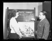 Los Angeles judge Leo Freund reviewing 1936-1937 traffic statistics, 1937