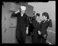 Male sailor and two WAVES (Naval female reserves) on board USS Uhlmann in Terminal Island, Calif., 1950