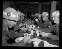 California National Guard MPs at cafeteria table eating, 1950